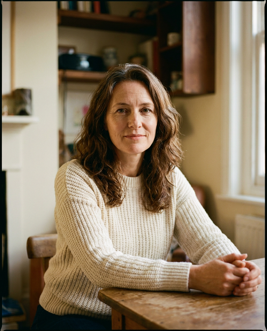 Midlife woman seated at a desk in soft natural light, hands resting calmly, direct gaze. Editorial portrait, the 'felt believed' face.