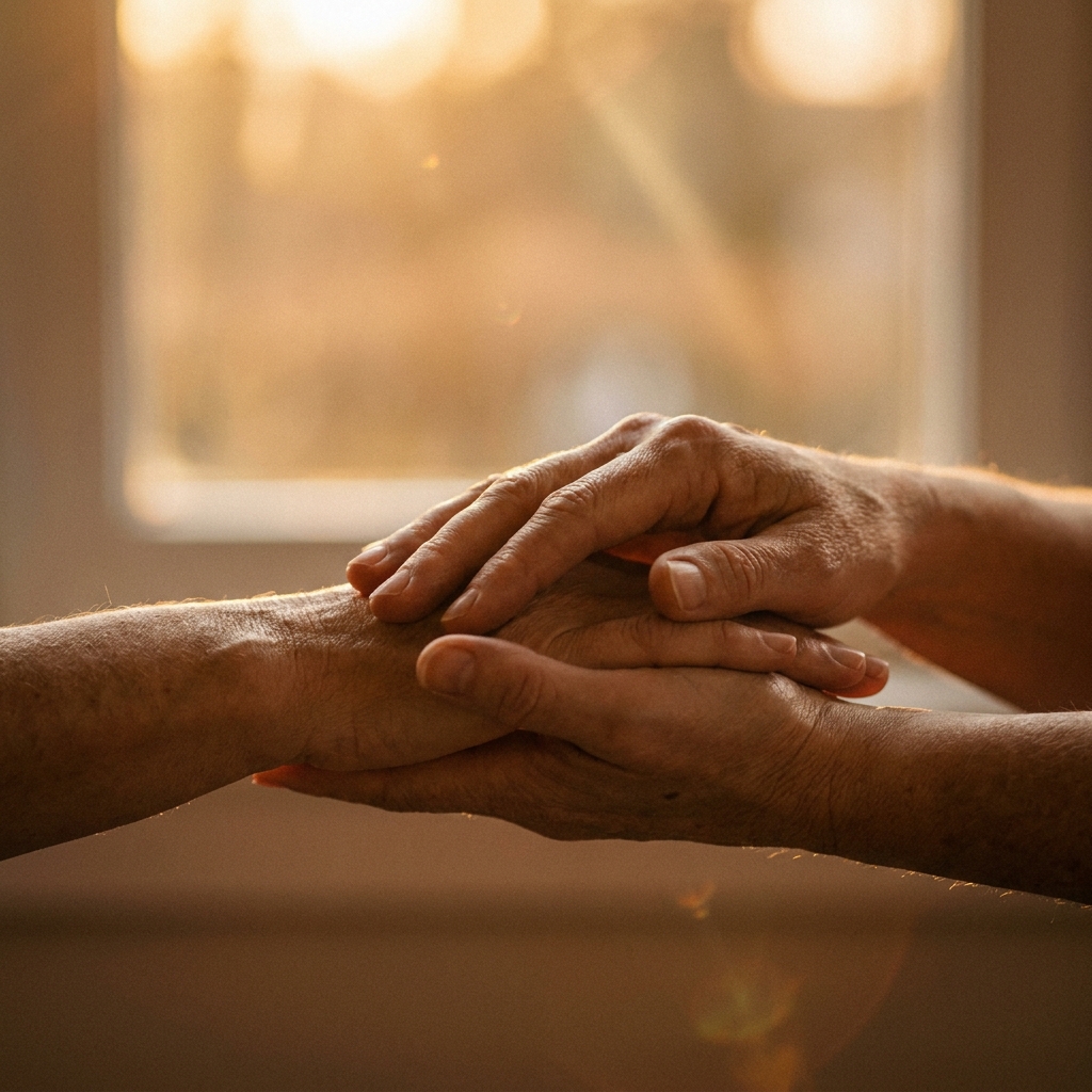 Two hands gently meeting in warm golden-hour light — tender, calm, adult.