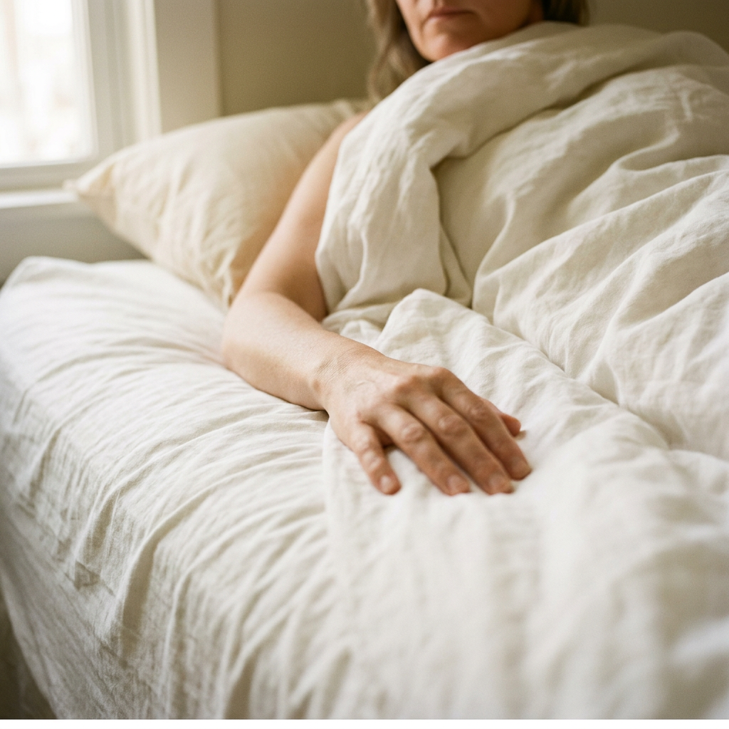 A hand resting on white linen bedding in soft morning light — restorative sleep.