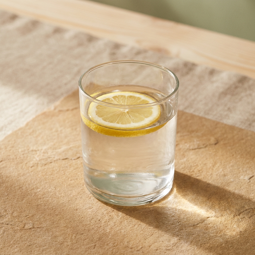 A clear glass of water with a single slice of lemon on a warm tan surface — minimal still life.