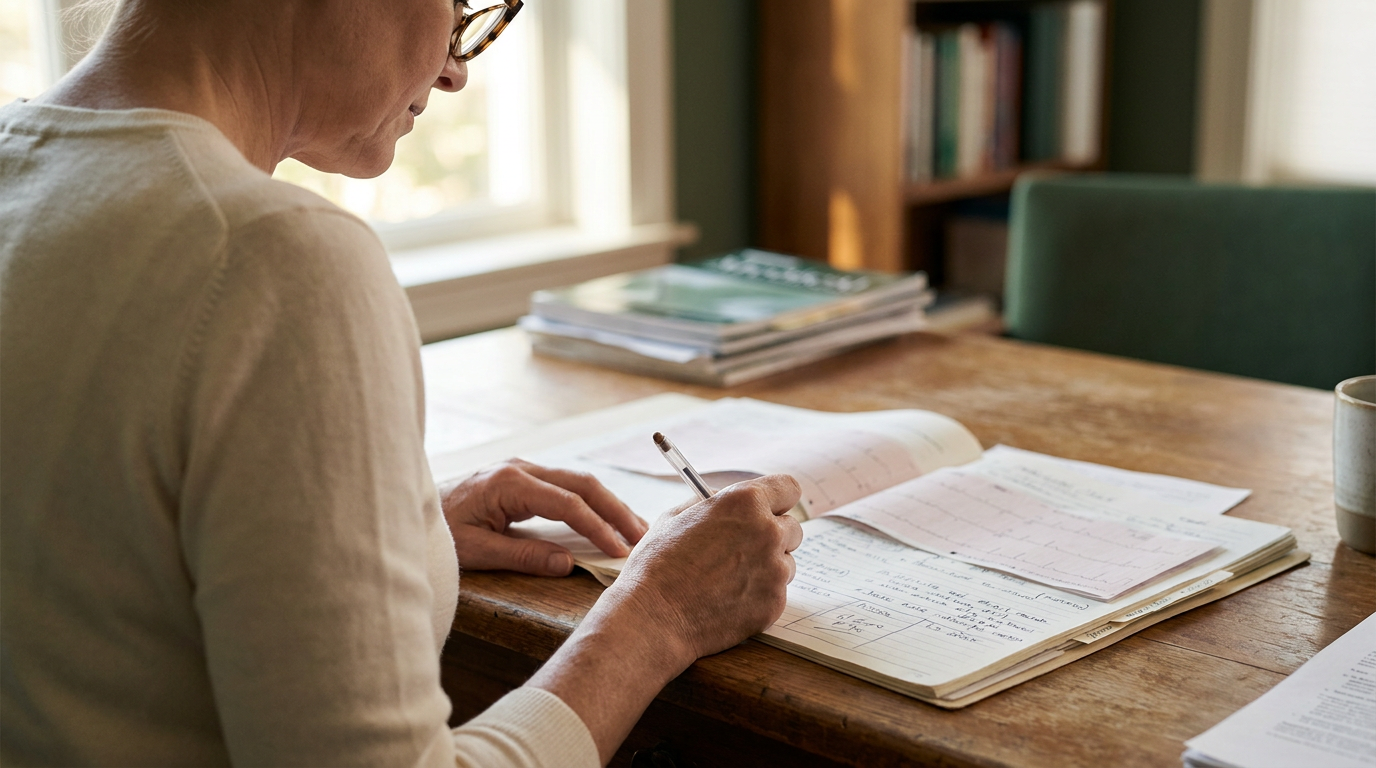 A clinician at her desk reviewing an annotated chart, face partial, hands on document, real clinical office.
