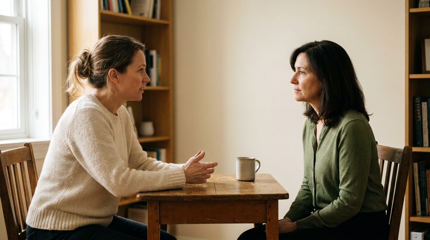 Two women — patient and clinician — in calm conversation at editorial distance across a small wooden table.