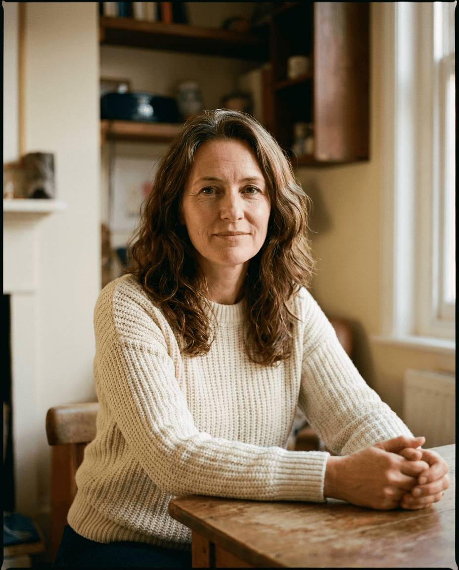 Midlife woman seated at a desk in soft natural light, hands resting calmly, direct gaze. Editorial portrait, the 'felt believed' face.