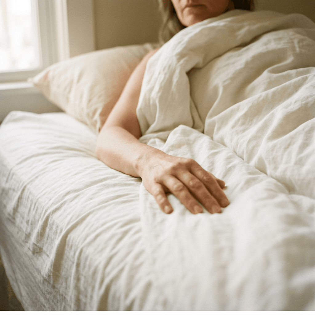 A hand resting on white linen bedding in soft morning light — restorative sleep.