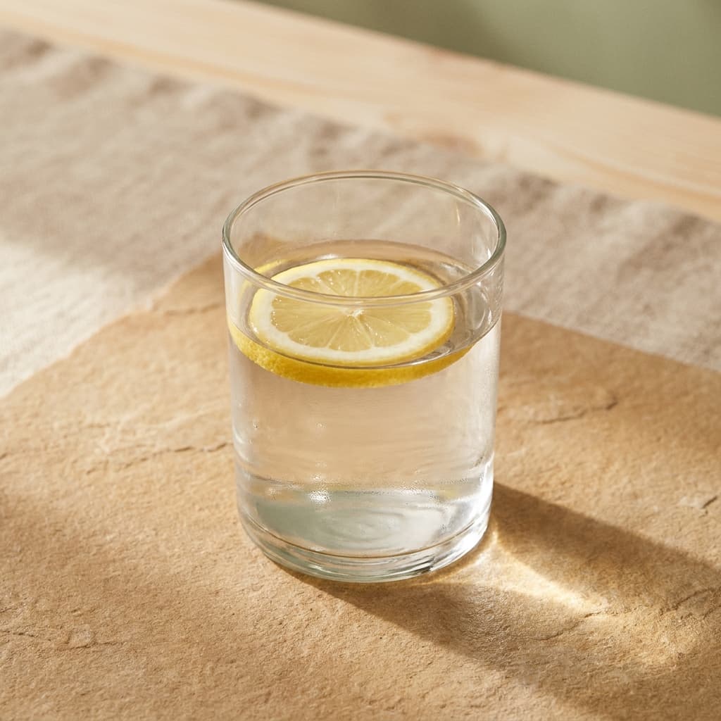 A clear glass of water with a single slice of lemon on a warm tan surface — minimal still life.
